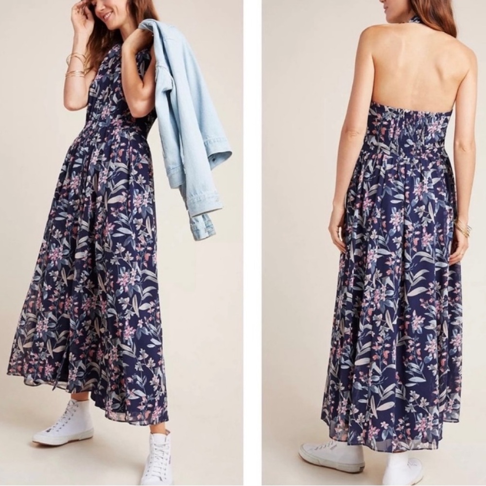 Gal Meets Glam‎ Siena Floral Halter Open Back Button Maxi Dress Navy Blue 2